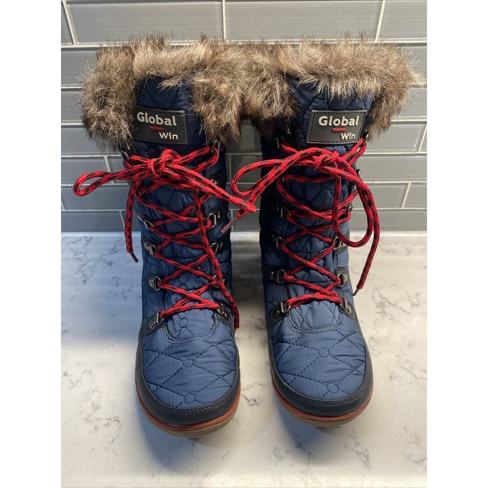 Global Win Snow Boots Womens 7 Winter Waterpproof Shearling Blue Quilted Lace Up